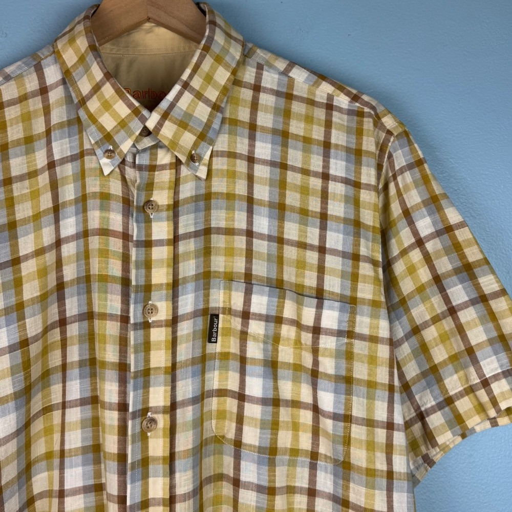 Barbour The Country Camp Shirt Mens Large Yellow Plaid Short Sleeve Button Down